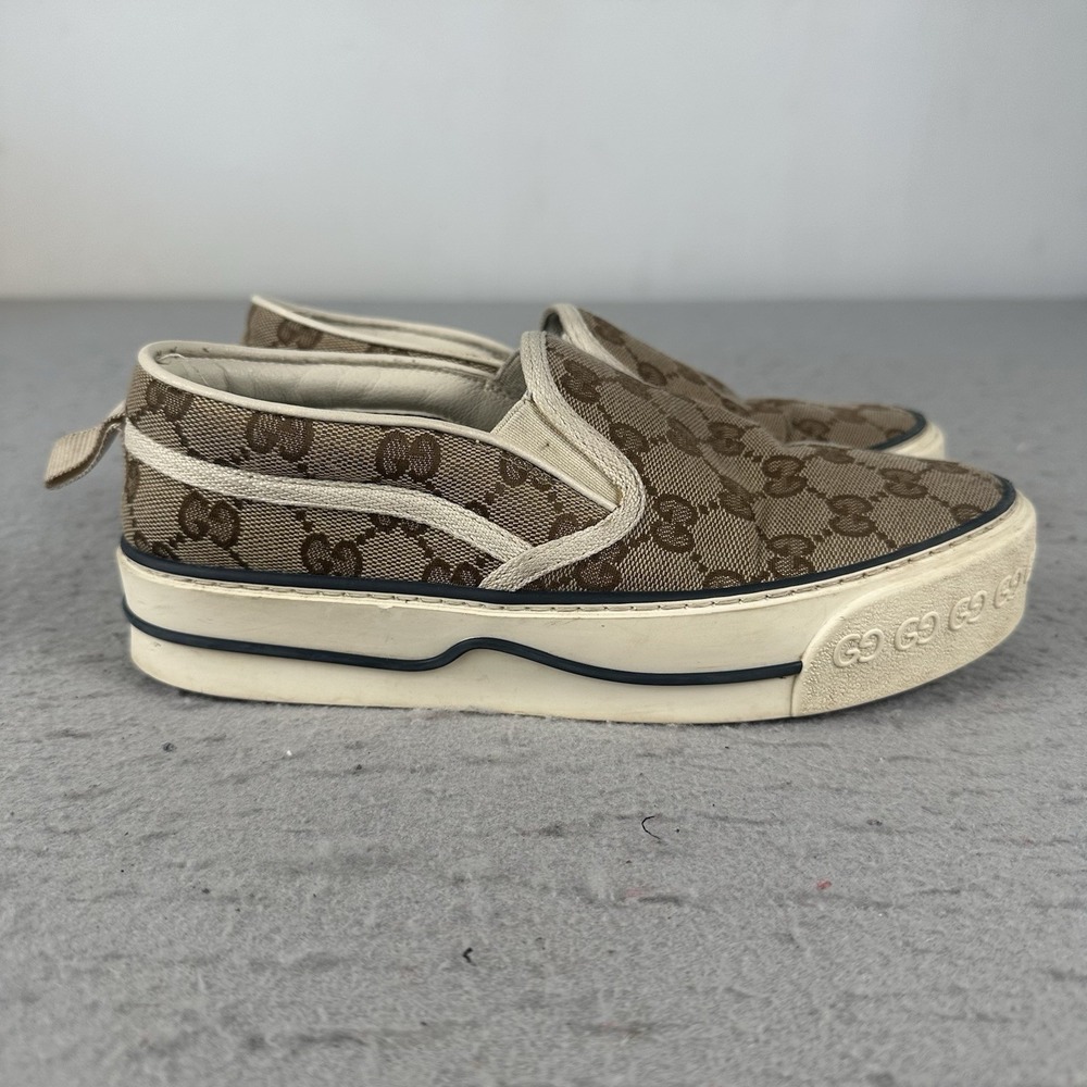 Gucci Tennis 1977 GG Canvas Slip On Sneakers Brown Monogram Red Sole Womens 36